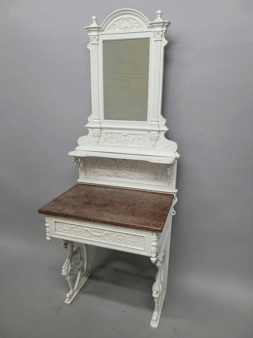 Circa 1880's Cast Iron Marble Top Mirrored Entry Table with ornate design of griffins, putti & (1 of 6)