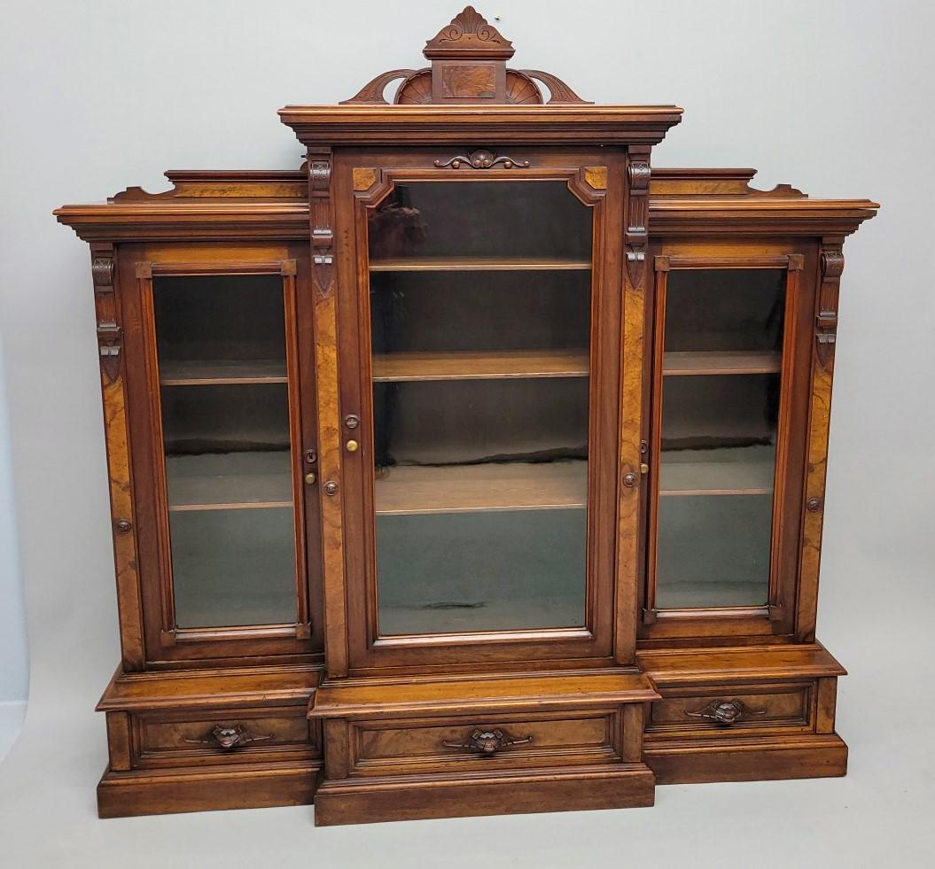 C 1880's American Burl Walnut  3 Door Bookcase with Renaissance Revival Decoration. Good condition (1 of 8)