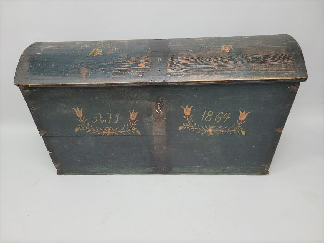 Dated 1864 Scandinavian Immigrant Trunk with original blue paint with floral decoration. Signed (1 of 6)
