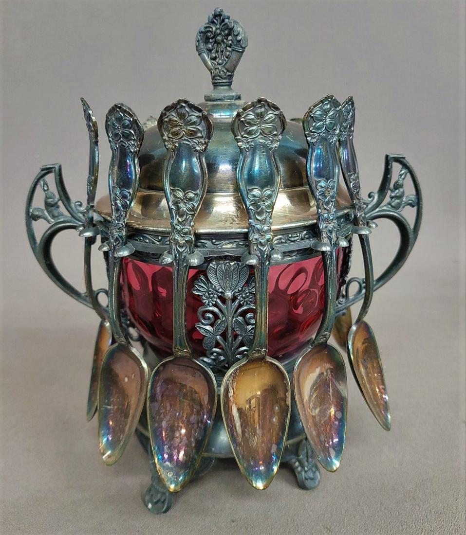 Circa 1890's Victorian J. Rogers Silverplate Cranberry Sugar Caster Bowl Spooner w 12 Spoons - hgt (1 of 4)