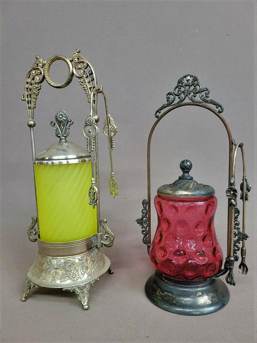 Circa 1890 Silver Plate Pickle Castors one vaseline & one cranberry. Both have pickle caster tongs (1 of 3)
