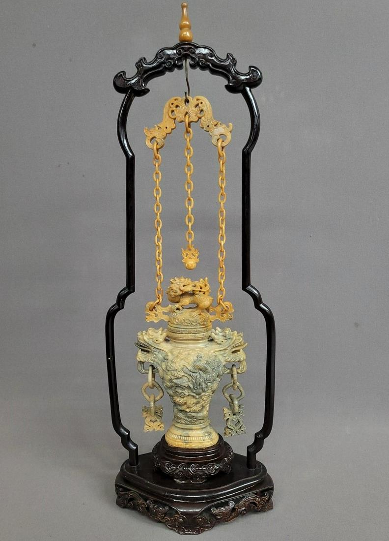 China, Early 20th C., carved soapstone vase, with cover and wood stand expertly carved with floral (1 of 5)