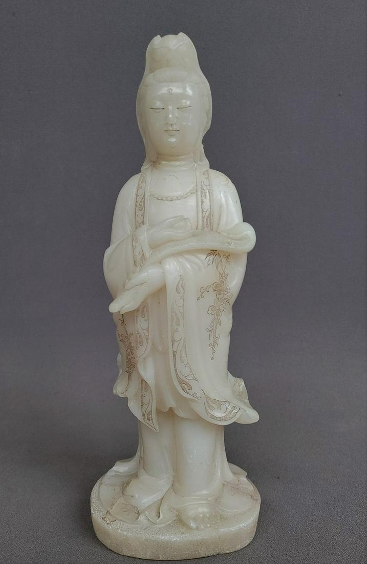 Circa 1900 Chinese Carved White Stone Guanyin with Sceptre - hgt 14 1/2" w 5"- good condition (1 of 4)