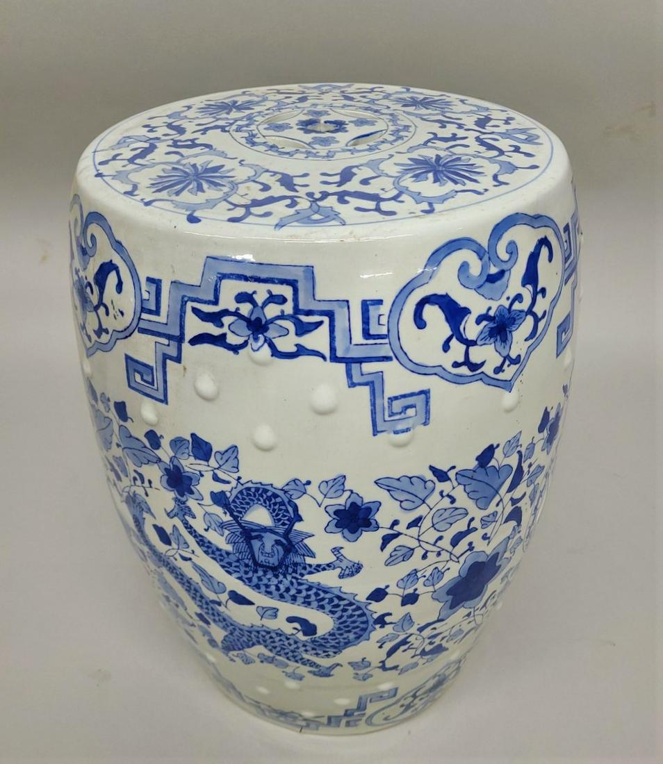 Asian Porcelain Blue & White decorated garden seat with dragons &  phoenix bird. Hgt 18.5" dia. 14" (1 of 3)