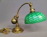 TIFFANY STUDIOS;  bronze counterbalance lamp with Favrile glass Damascene shade; Base stamped