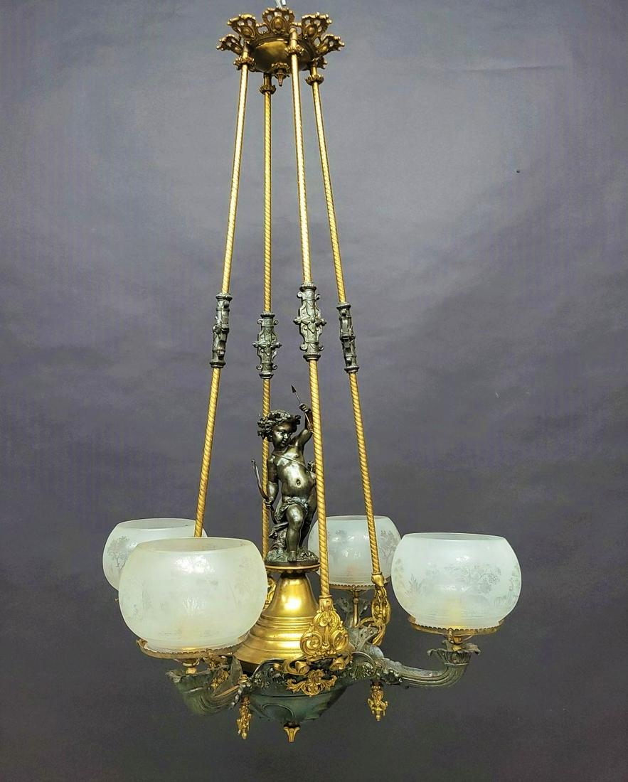 C 1870's 4 Arm Putti Figural Gas Chandelier / gasolier probably Starr Fellows or  Cornelius & (1 of 10)
