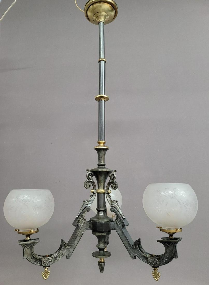 Circa 1870's Mitchell Vance & Co.3 Arm Gas Chandelier / Gasolier with 3 antique gas shades.  Wired (1 of 7)