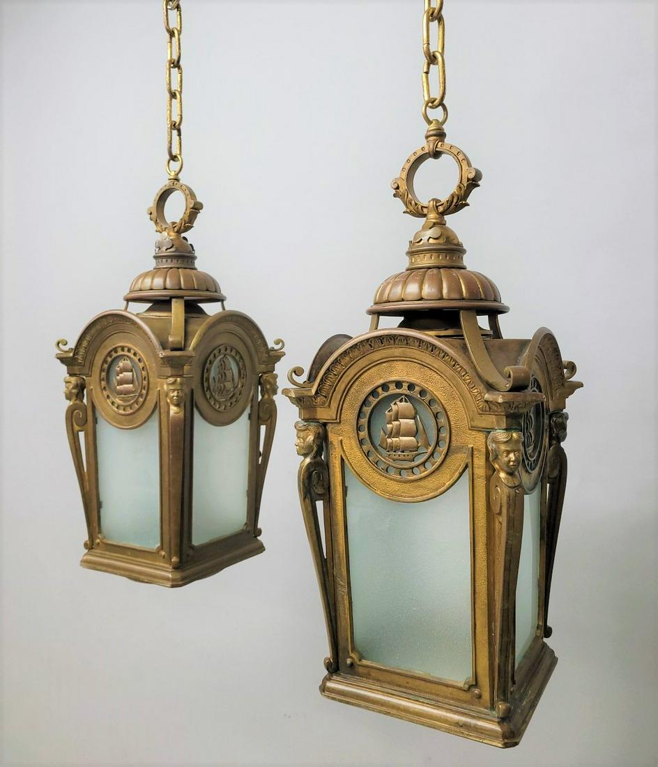 C 1910 Solid Cast Bronze Pair of Ship & Putti Lamps - high quality  cast bronze lanterns found in St (1 of 6)