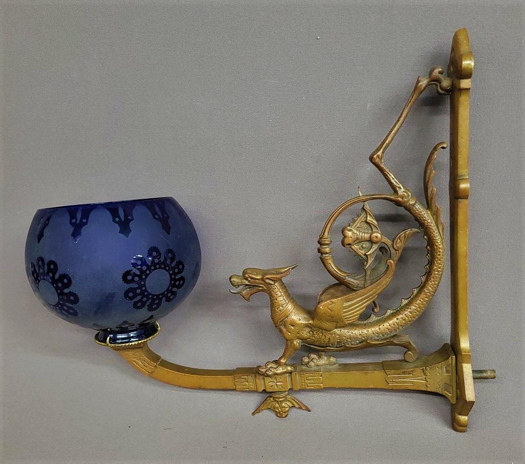 C 1870's Solid Bronze figural Griffin Gas Wall Sconce with 1870's Cobalt 2 5/8" fitter gas shade (1 of 4)