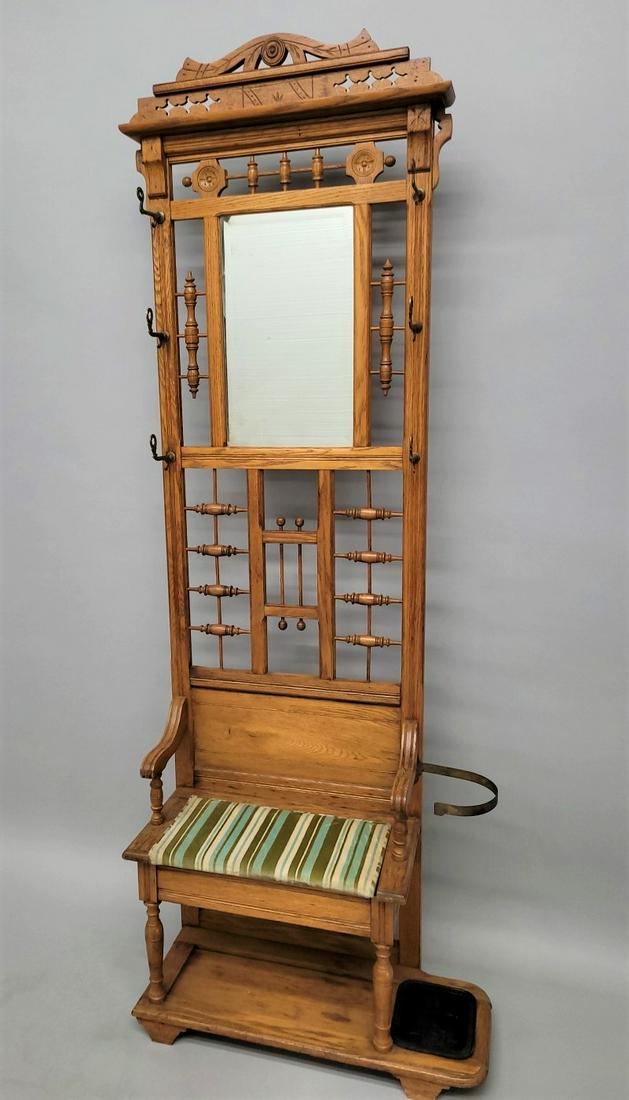 Circa 1880's Oak Stick & Ball Lift Seat Halltree with bevel glass mirror, 6 brass hooks & umbrella (1 of 5)
