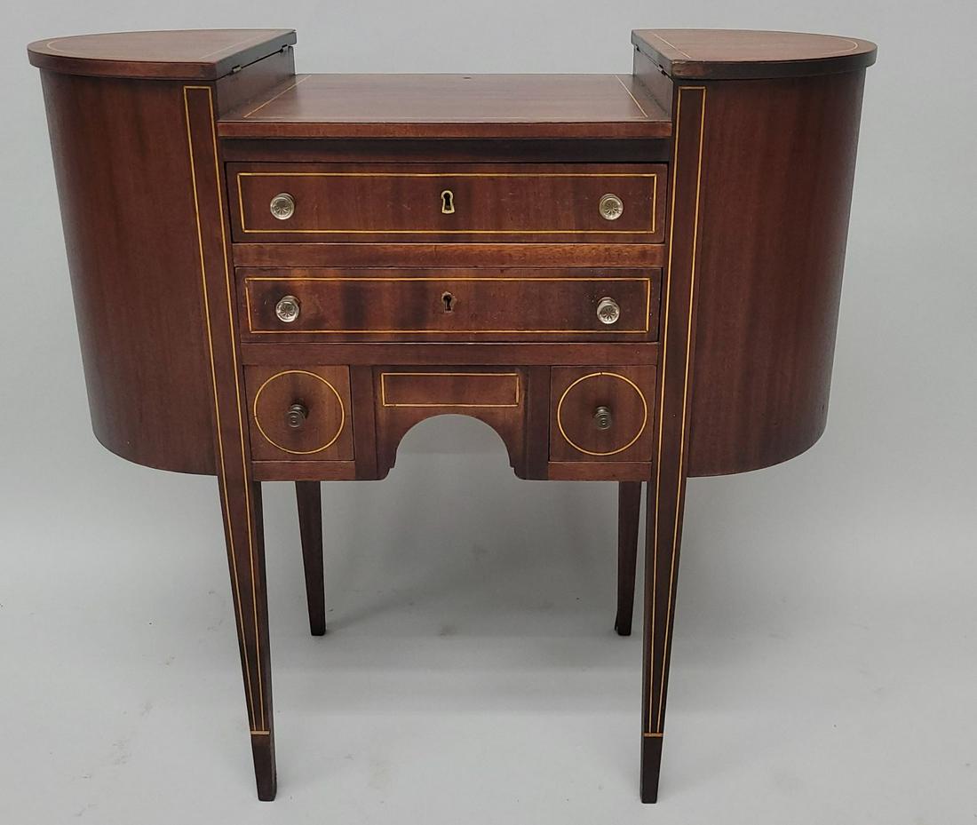 Quality C 1920's Mahogany Inlaid Sewing Stand  - hgt 28.5" w 29.5" d 14". Good overall condition for (1 of 4)