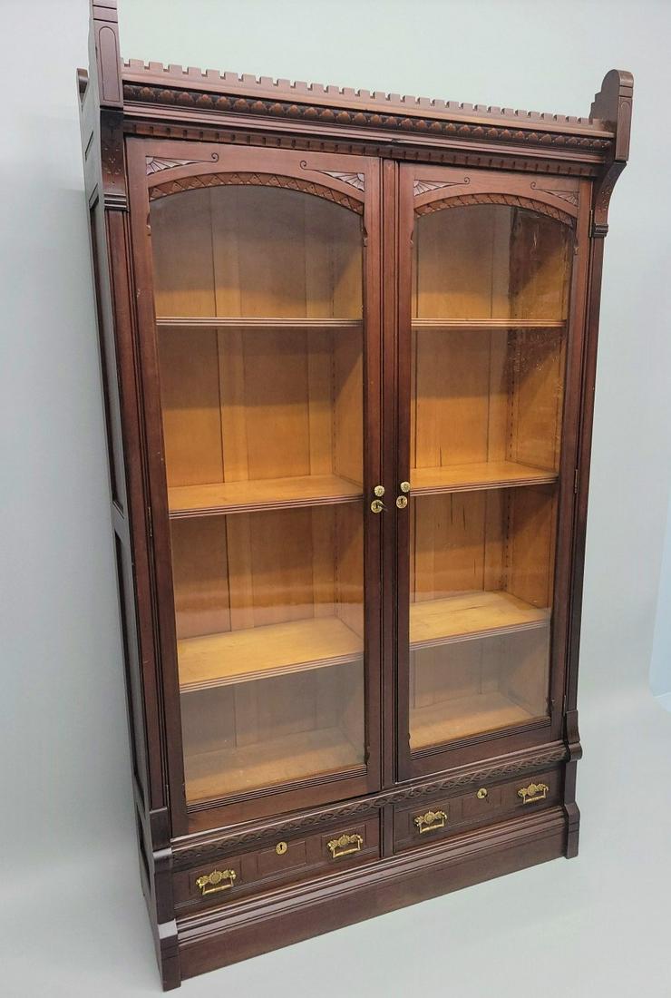 C 1880 2 Door Carved Aesthetic Cherry Bookcase/Curio with extensive carved decoration. Retains its (1 of 5)