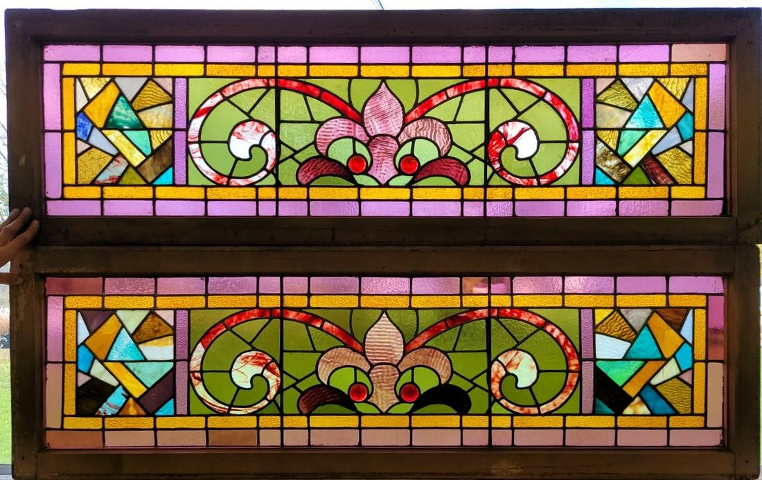 C 1880's Pair of Leaded Glass Transom Windows with geometric design - w 58" hgt 18" each. (1 of 5)