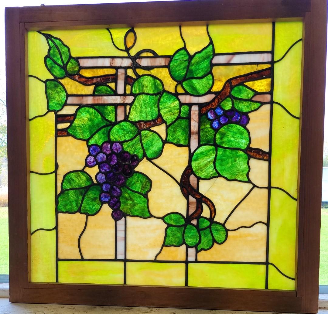 Circa 1900 Leaded Glass Grape & Vine Window - ht 27" w 26".  Good looking leaded window. (1 of 2)