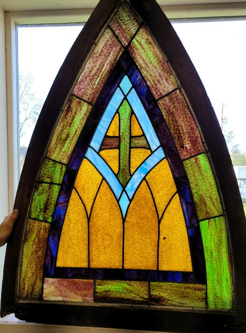 Circa 1890's Leaded Glass Window in Original Wood Frame - hgt 47S" w 35". Good overall condition.: Circa 1890's Leaded Glass Window in Original Wood Frame - hgt 47S" w 35". Good overall condition.