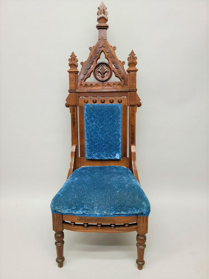 Circa 1850's Ornate Walnut Gothic Chair with  hand carved burl walnut back - hgt 61" w 22" d 22". (1 of 3)