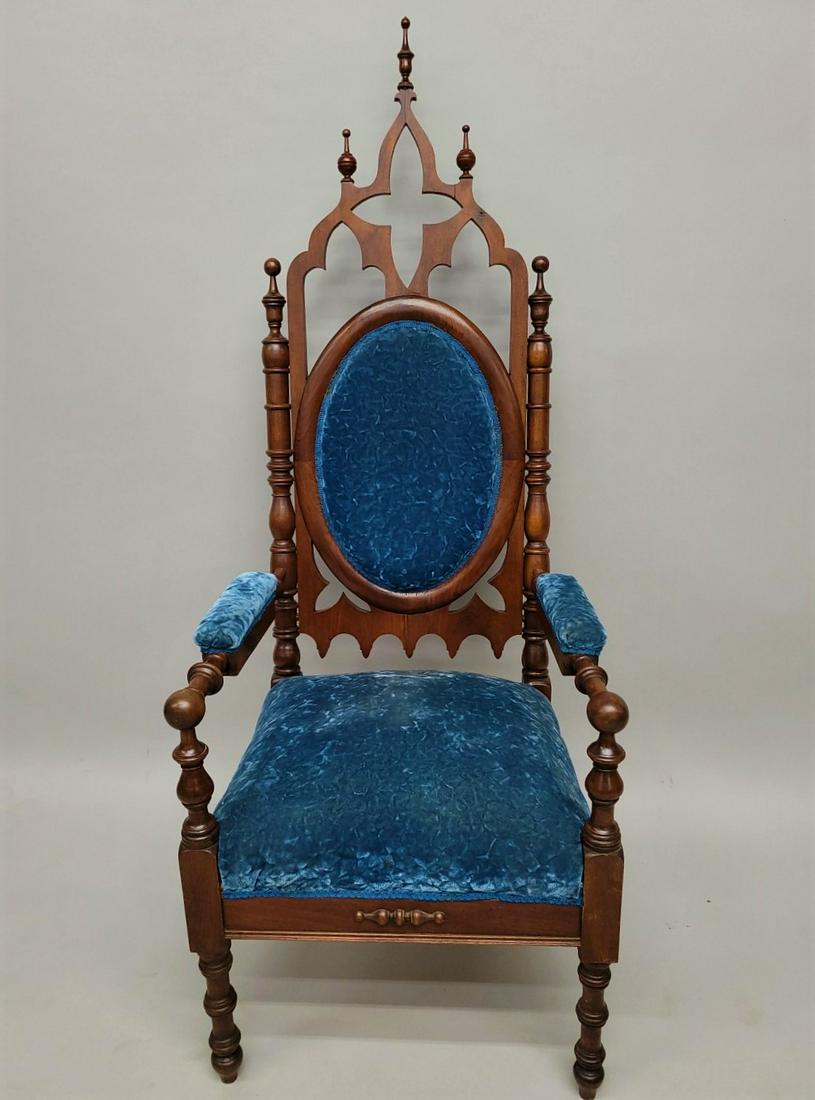 Circa 1850's Walnut American Gothic Arm Chair - hgt 64" w 24" d 22". Good orginal finish &: Circa 1850's Walnut American Gothic Arm Chair - hgt 64" w 24" d 22". Good orginal finish & condition. Found in Wabasha MN estate.