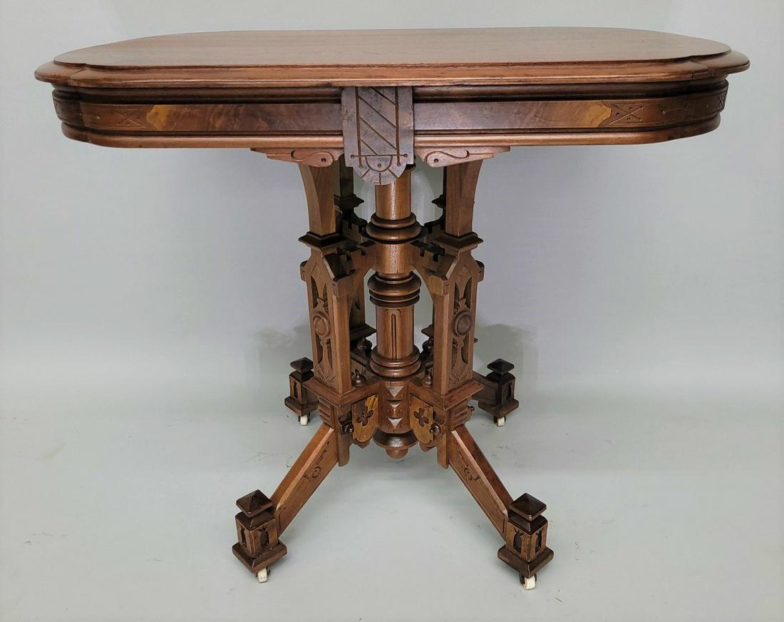 Circa 1875 Aesthetic Burl Walnut Parlor Table with wonderful line carved and burled ornate dé (1 of 5)