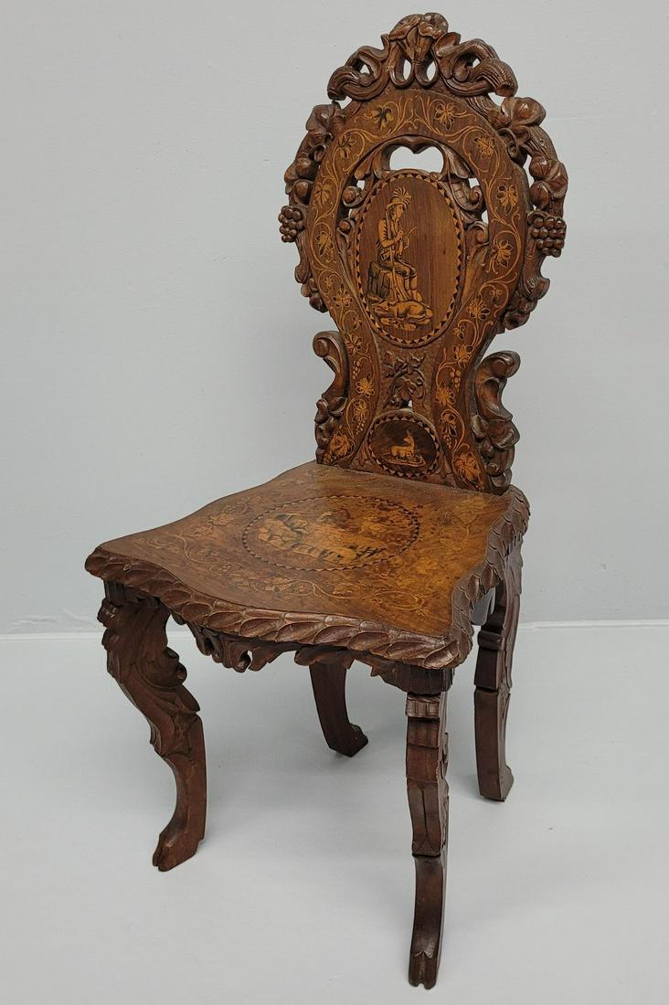 C 1870's Walnut Austrian Inlaid Chair w/Hunting Scenes - hgt 36" w 18" d 15". Solid condition.: C 1870's Walnut Austrian Inlaid Chair w/Hunting Scenes - hgt 36" w 18" d 15". Solid condition.