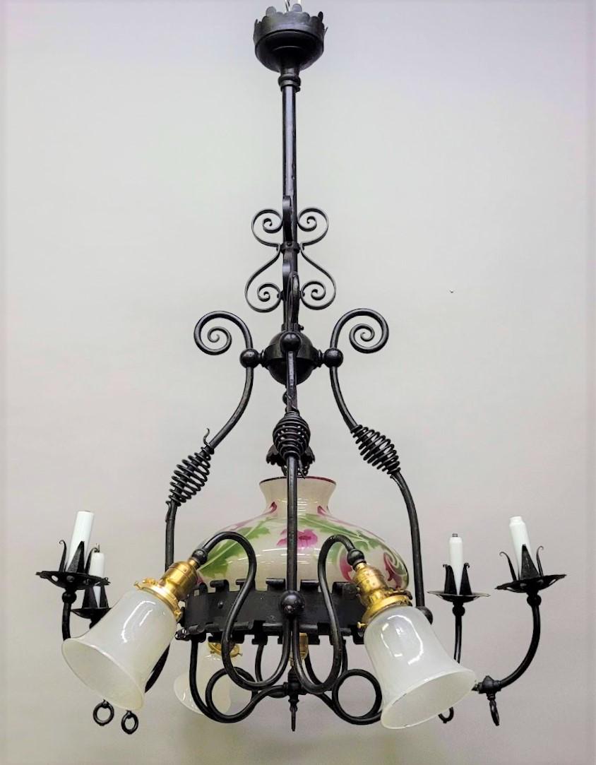 Circa 1880's 8 arm Gas & Electric Iron Chandelier with Paint Decorated Center Glass Dome - all glass (1 of 5)