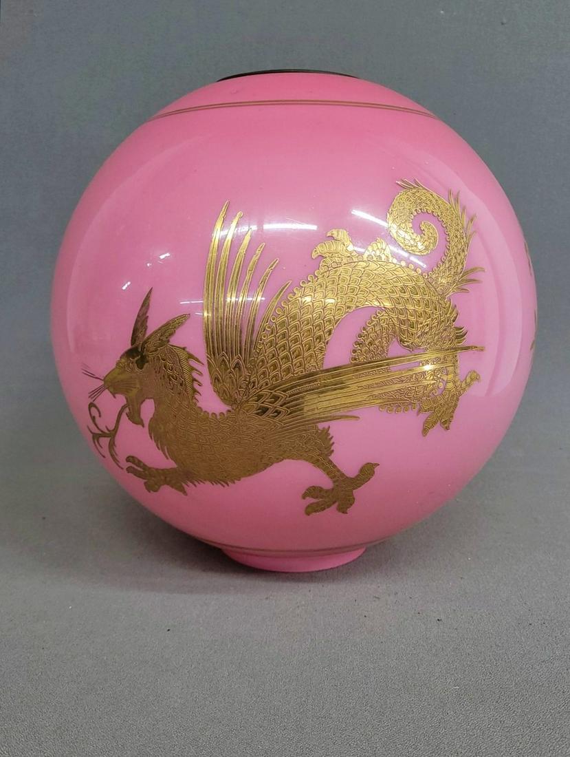 Superb Antique 12" Pink antique ball shade with gold dragon. Dragon on both sides. Gold design in (1 of 3)