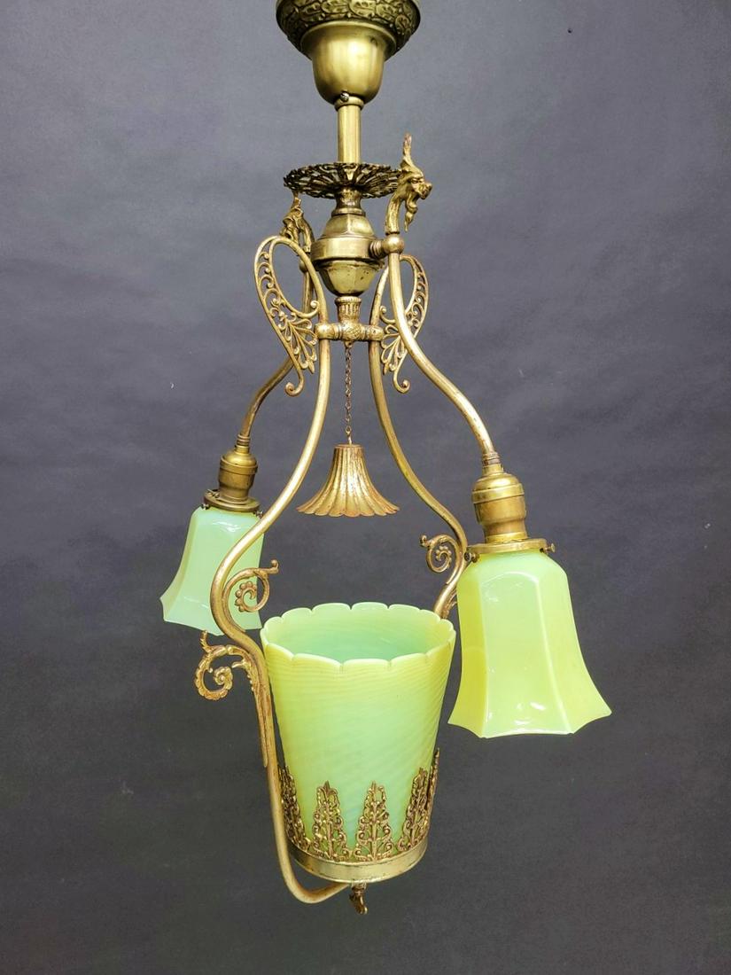 C 1890's Ornate Brass Gas & Electric Hall Light with Vaseline Swirl Shade & Lion's Heads.  Glass has (1 of 5)