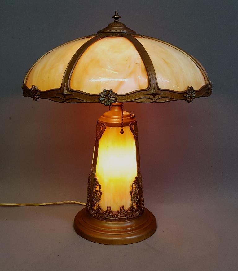 Circa 1920' 6 Panel Carmel Slag Glass Lamp with Light Up Slag Glass Base -  hgt 22.5" dia. 18". (1 of 6)