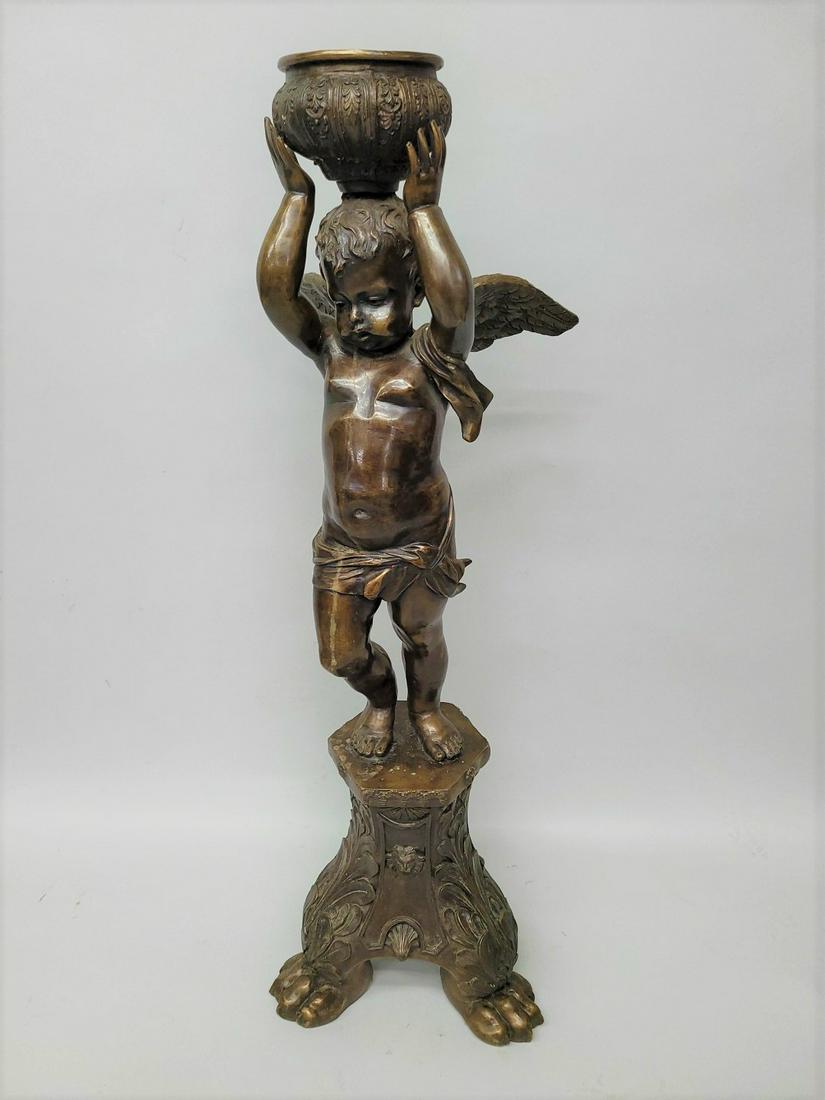 Continental Patinated Bronze Figural Fountain of Winged Cherub holding container. H 49.5" dia. 16". (1 of 6)