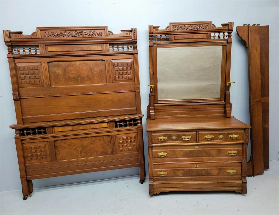 Circa 1880's American Burl Walnut Bedroom Set with very good decoration & design. Bed hgt 78.5" w (1 of 7)