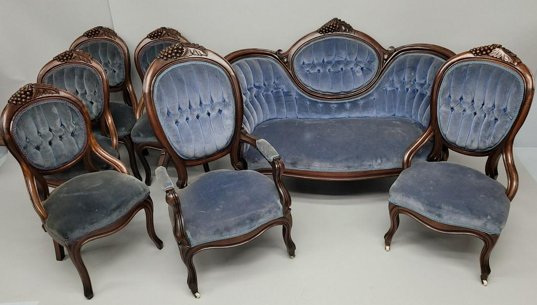 Complete 7 Pc Grape & Leaf Walnut 1860's Parlor Set - has cameo back loveseat, h 38" w 56"gentlemans (1 of 6)