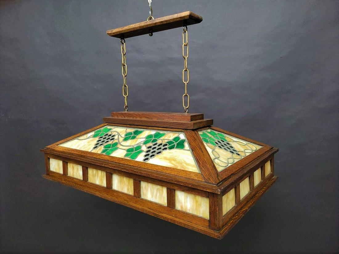 Rare C 1920's Mission Oak Leaded Glass Pool Table Ceiling light with grape & leaf design in the (1 of 6)
