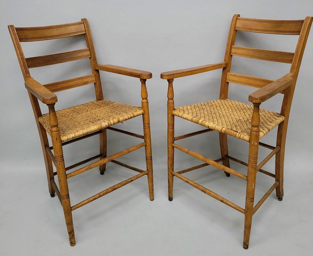 Pair of Pool Room Chairs signed Johnson & Co. Chicago ILL. - marked 47. 1/2 on the seat bottoms. Hgt: Pair of Pool Room Chairs signed Johnson & Co. Chicago ILL. - marked 47. 1/2 on the seat bottoms. Hgt 43" w 23" d 23". Good condition. Found in Mason Lodge in Menomonie WI.