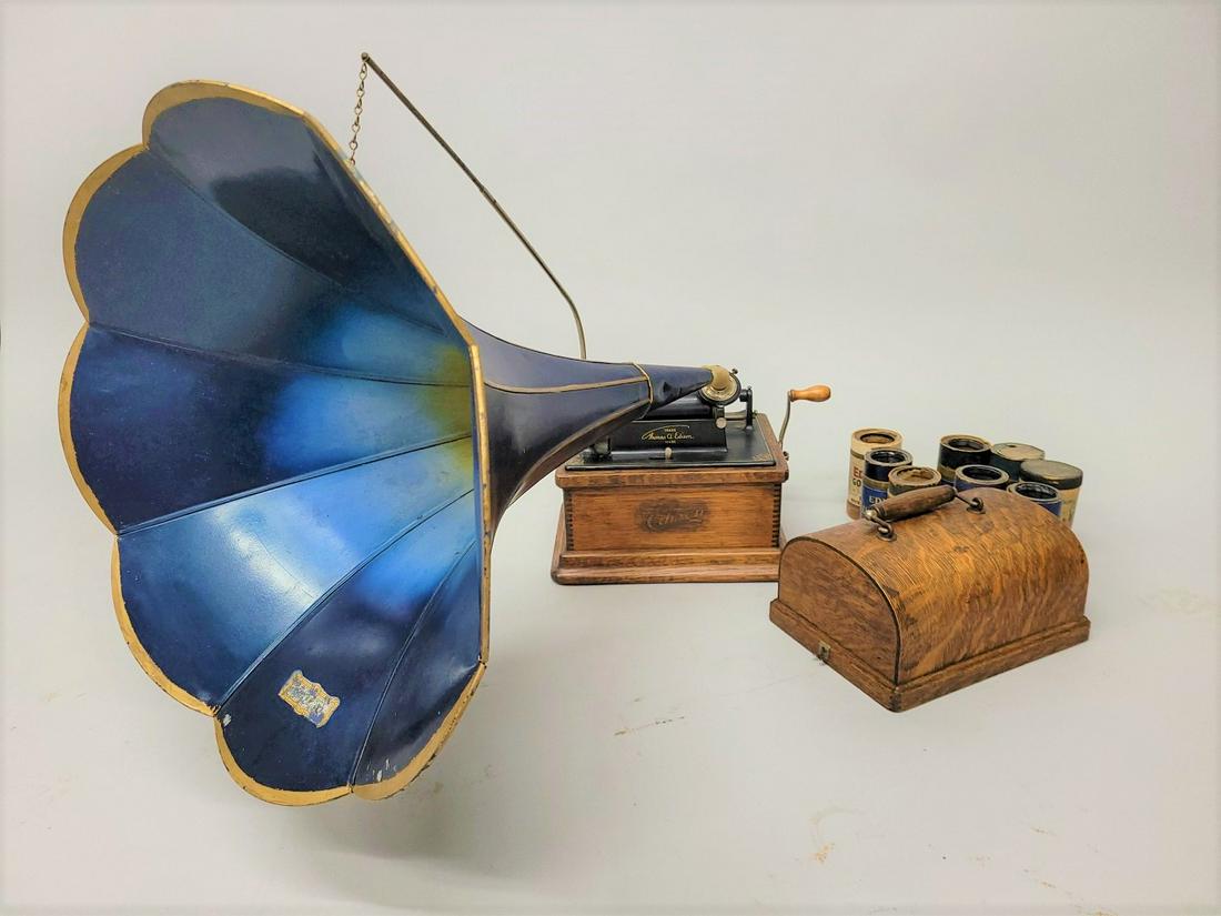 Dated 1900-1005 Signed Edison Cylinder Phonograph with blue & yellow horn. Has 9 records with it and (1 of 9)