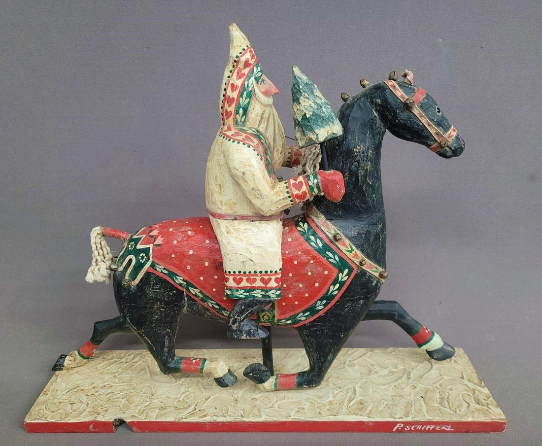 Signed Pam Schifferl carved Wooden Santa on Horse- great folk art carved figure  - h 18" w 23" d 6"- (1 of 4)