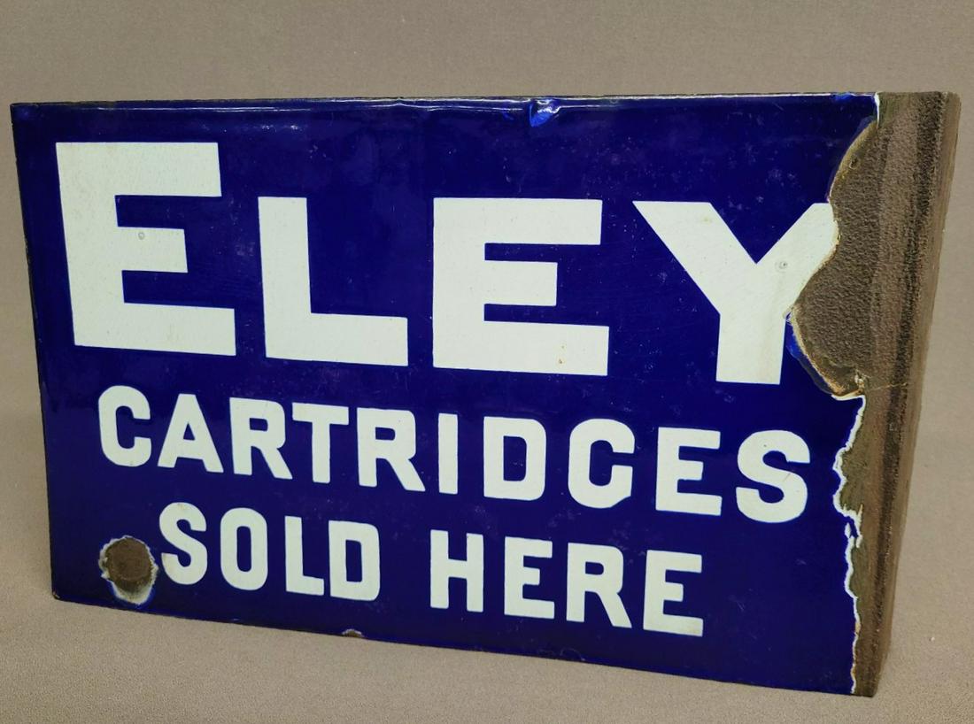 C 1920's Cobalt Blue Eley Cartridges Sold Here sign - same ad on both sides. Width 16.5" hgt 10". (1 of 2)