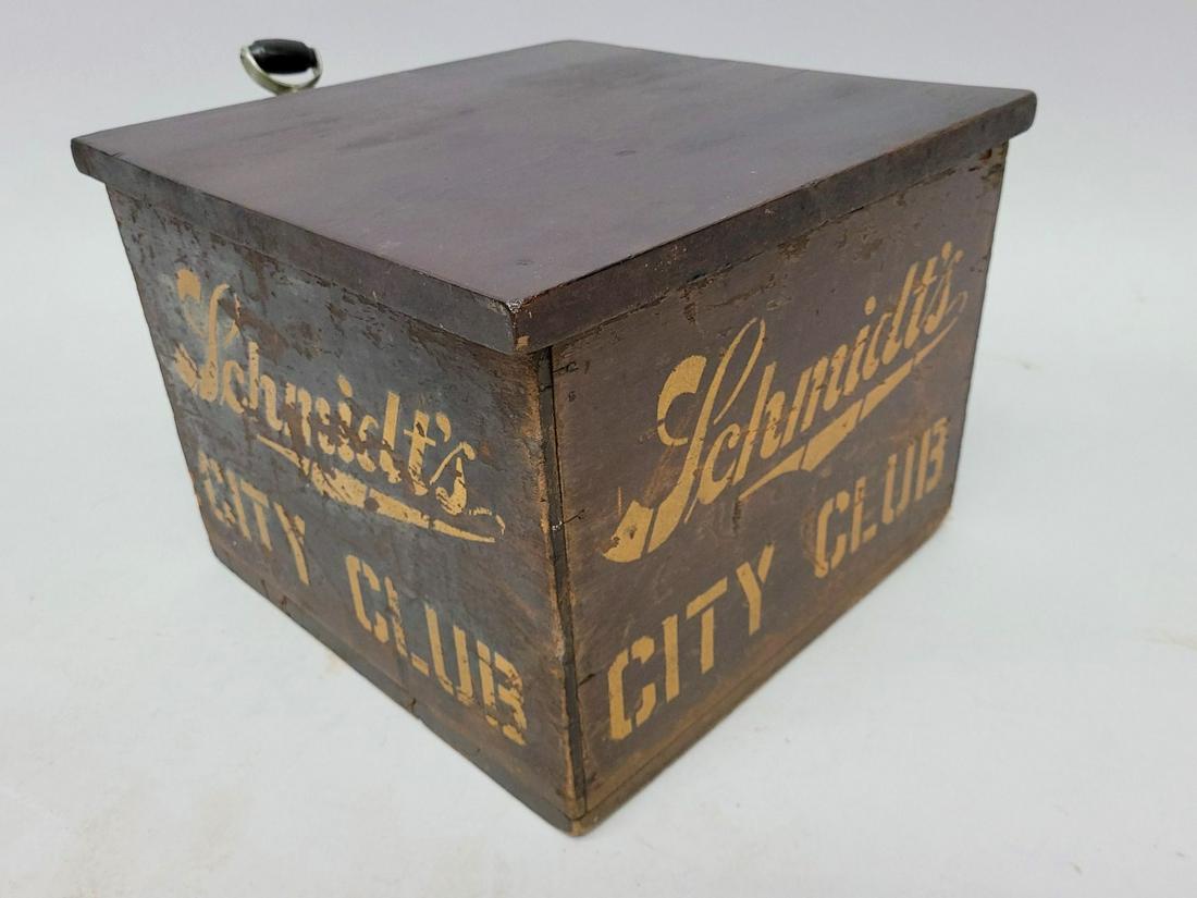 Circa 1920 Signed Schmidt's City Club Beer Dispenser - wooden dispenser box with original writing. (1 of 4)