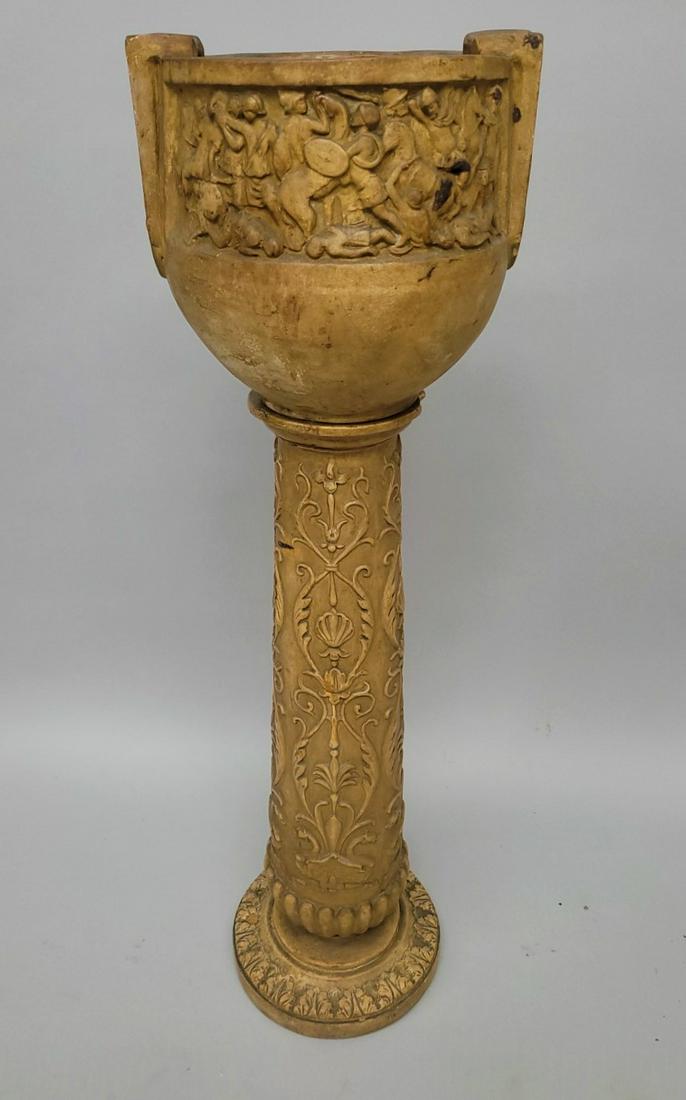 Circa 1920's Cast Clay 2 Part Planter with Classical Pattern in relief - hgt 43" dia. 12".  Good (1 of 3)