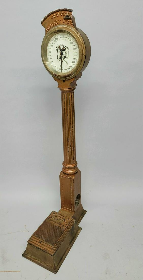 Circa 1910 Cast Iron Scale signed The North American Scale Co. take 10 cents in coin slot. Missing (1 of 5)