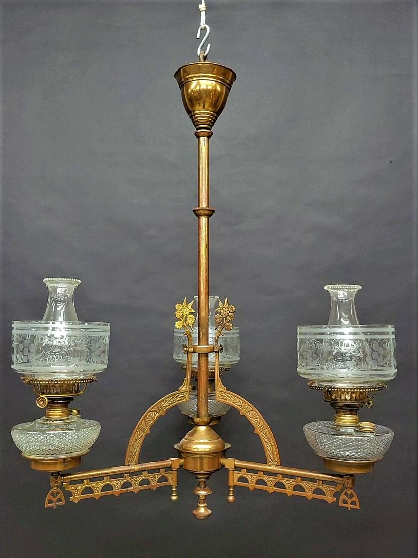 Dated 1877 Aesthetic / Eastlake Oil Chandelier w/wonderful Acid etched & hand cut antique shades. (1 of 7)