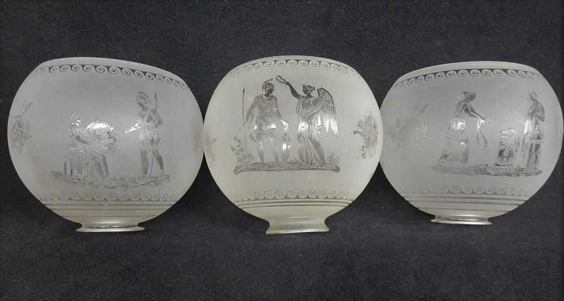 Three 2 5/8" Roman Scenic Gas Shades circa 1870's.  All are 7.5"dia.  Two shade are matched scenes. (1 of 5)