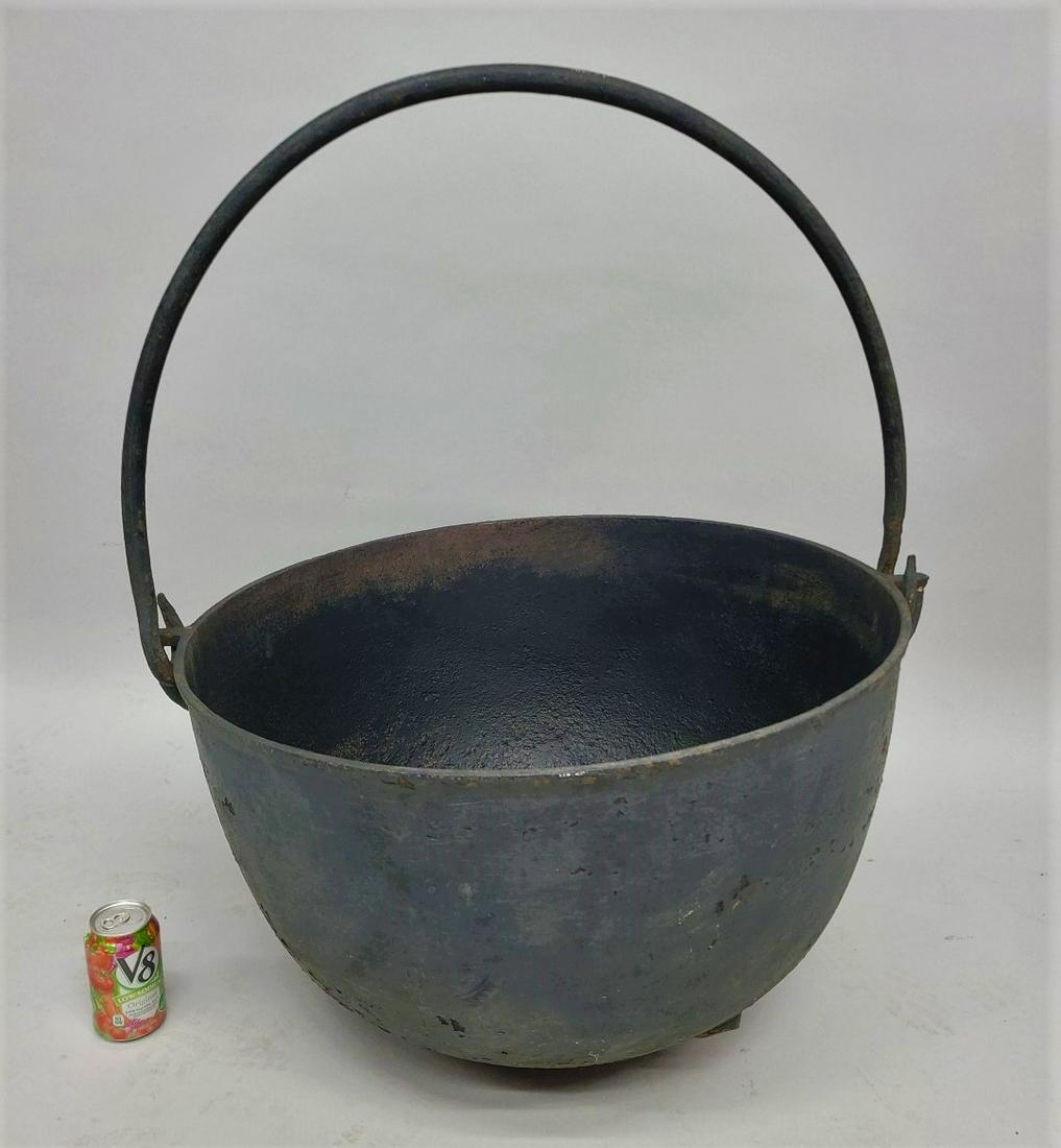 Massive Cast Iron Kettle with Hand Wrought Handle. Found in Wabasha MN home. 26" dia. Overall hgt (1 of 5)