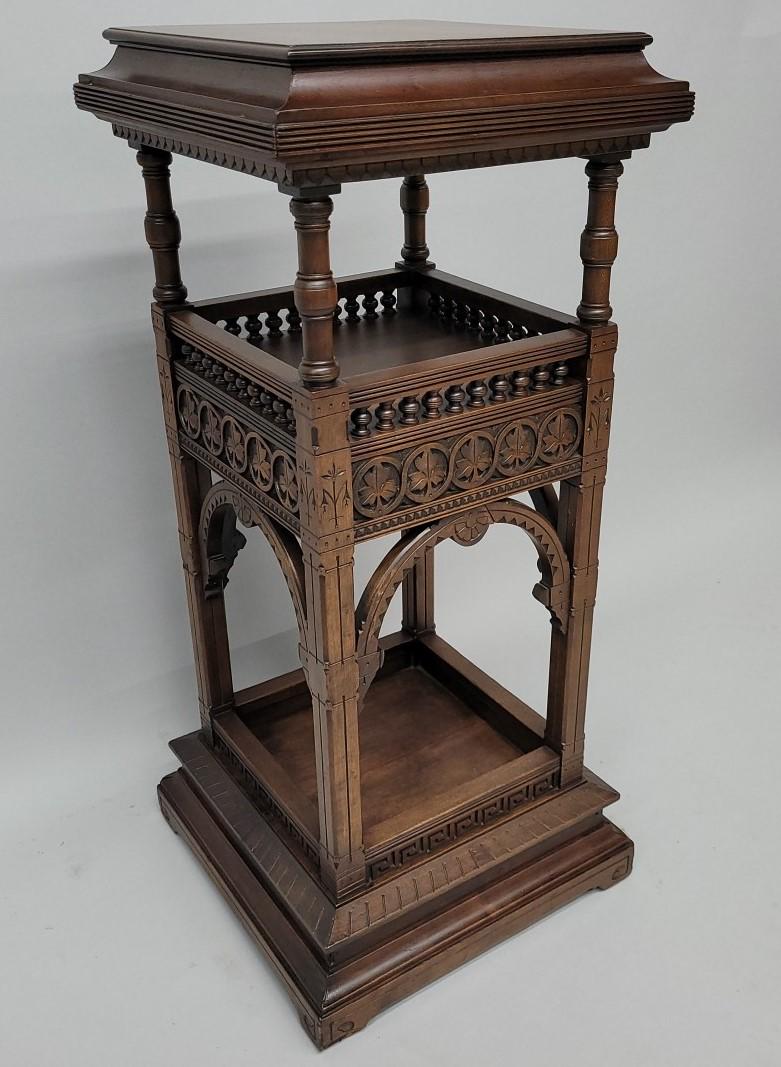 Circa 1880's Eastlake Aesthetic Pedestal with good detail carving - hgt 40" w 18" d 18". Good old: Circa 1880's Eastlake Aesthetic Pedestal with good detail carving - hgt 40" w 18" d 18". Good old refinished condition.