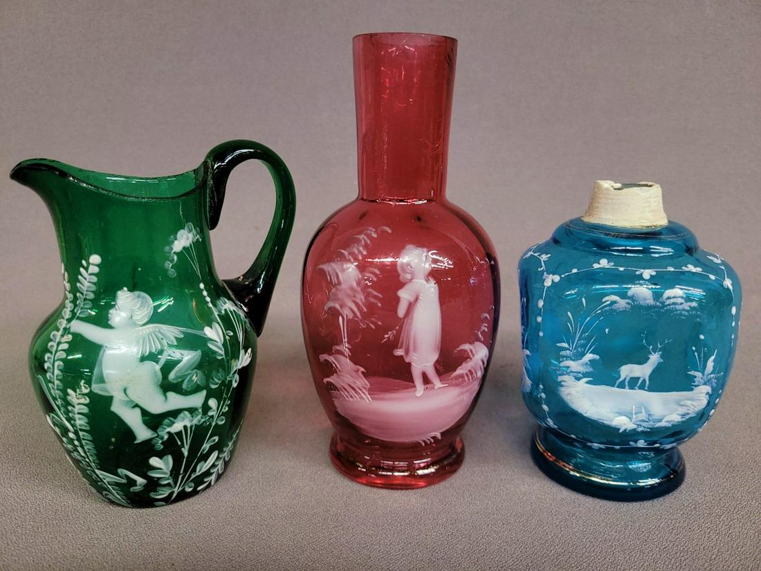 3 Pcs of  "Mary Gregory  "Green Running Putto hgt 4.5"; Cranberry Vase hgt. 5.75"; Blue Scent Bottle (1 of 2)