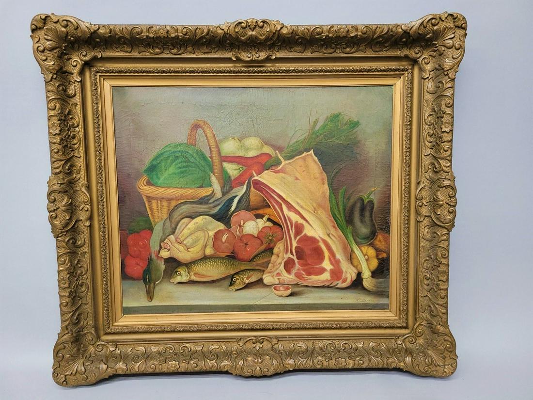 19th Century  Oil on Canvas Still Life signed(WM HAWLEY) of vegetables, fruit, fish & game in Period (1 of 4)