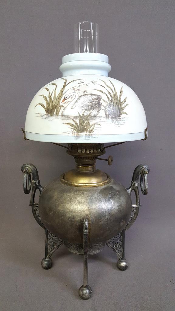 C 1890 Hand Painted Swan Aesthetic Silver Plate Oil Lamp -  hgt 21" just base hgt 15". Dia. Of shade (1 of 5)