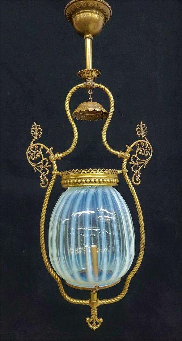 Circa 1890's Brass Gas Hall Light with Old  Opalescent Stripe Glass Shade - hgt 30" width 12". (1 of 2)