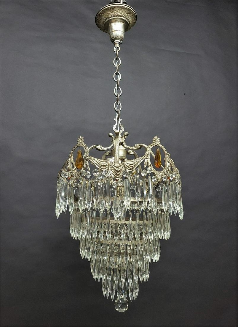 Circa 1920's Silver Plate & Crystal Prism Chandelier - one of a pair sold seperately. Hgt 37" dia. (1 of 5)