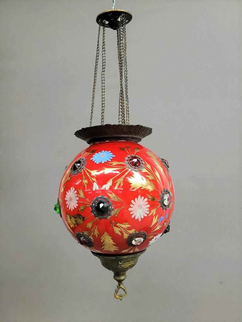 Circa 1860's Jewel Embedded Cased Glass Hall Oil Light Shade with 18 jewels.  Hgt  27" dia. 10". (1 of 2)