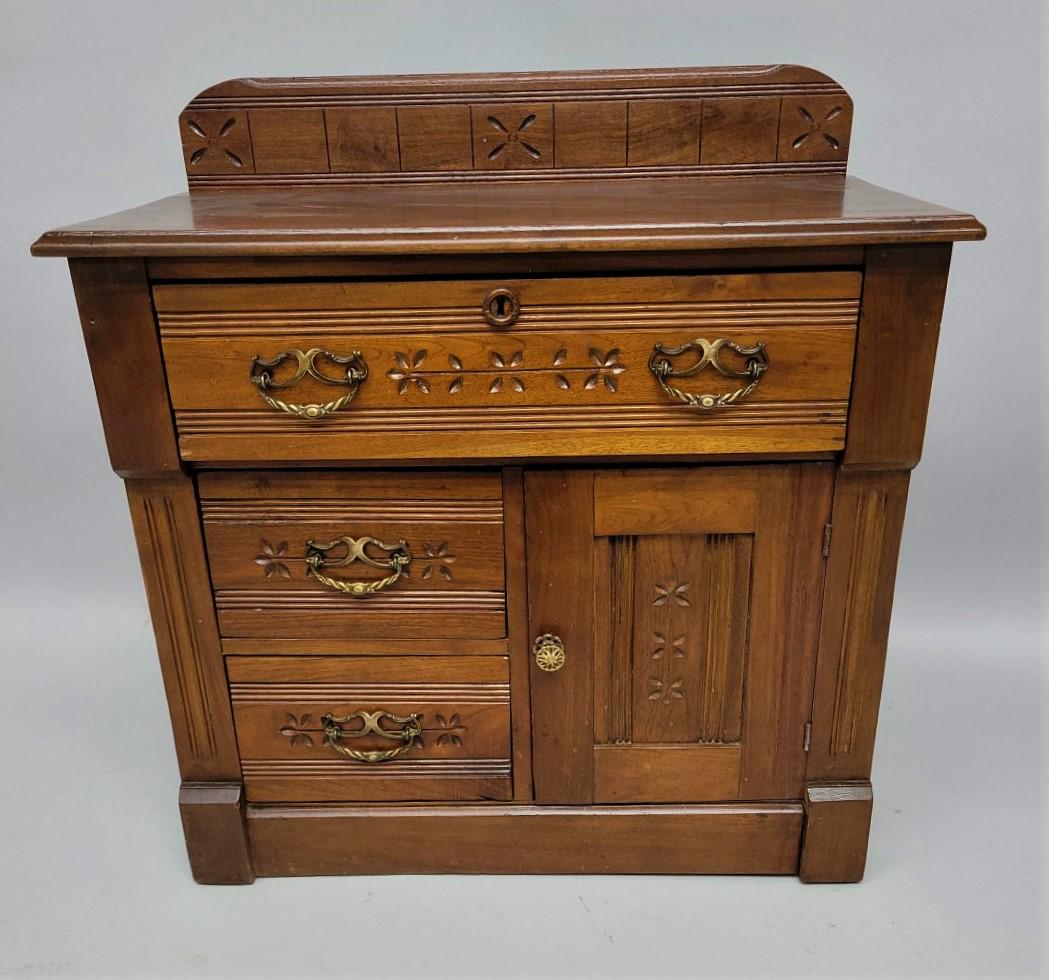 Circa 1880's Walnut Spoon Carved Washstand with door & drawers -  old refinished solid condition. (1 of 2)