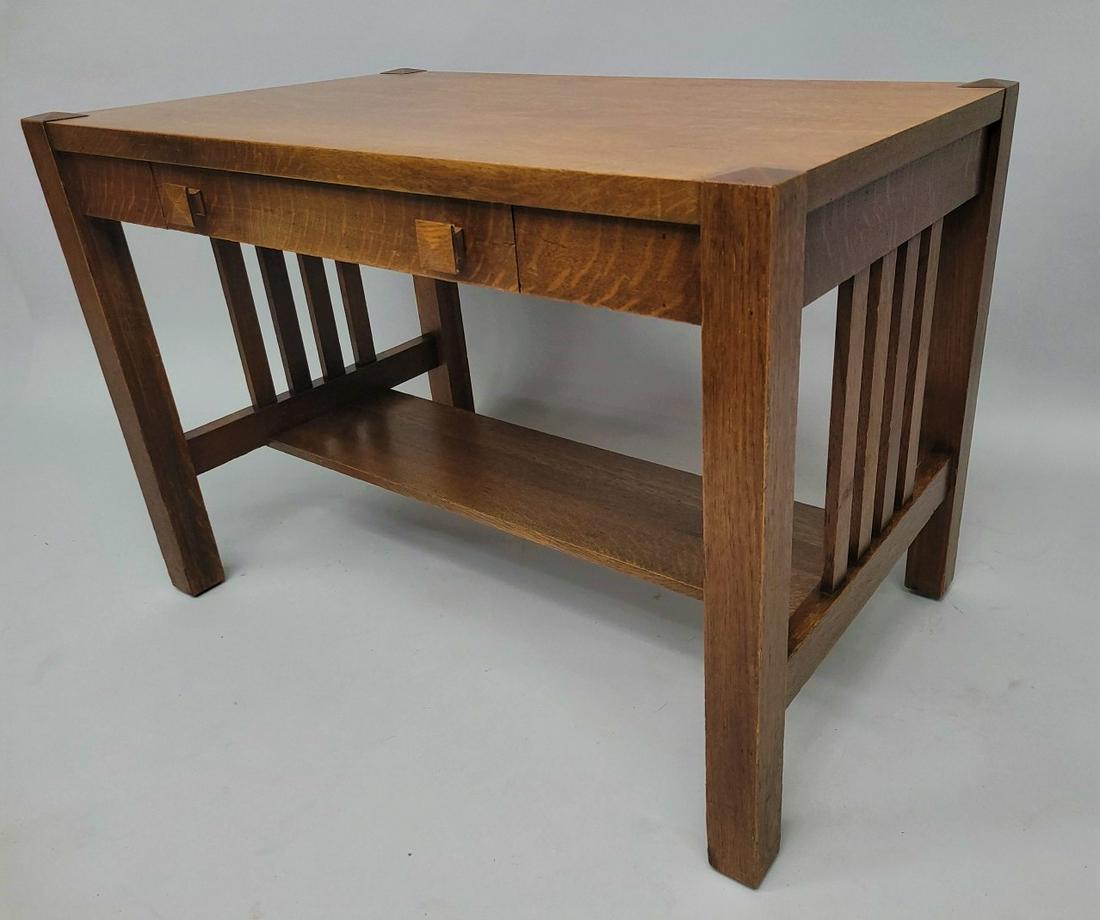 Circa 1920's 1/4 Cut Oak Arts & Crafts Library Table with Drawer - w 42" d 26" hgt 29"- good (1 of 3)
